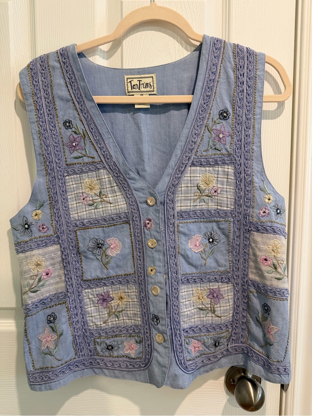Light Blue Embroidered Floral Patchwork Button Front Vest - Picture 1 of 8
